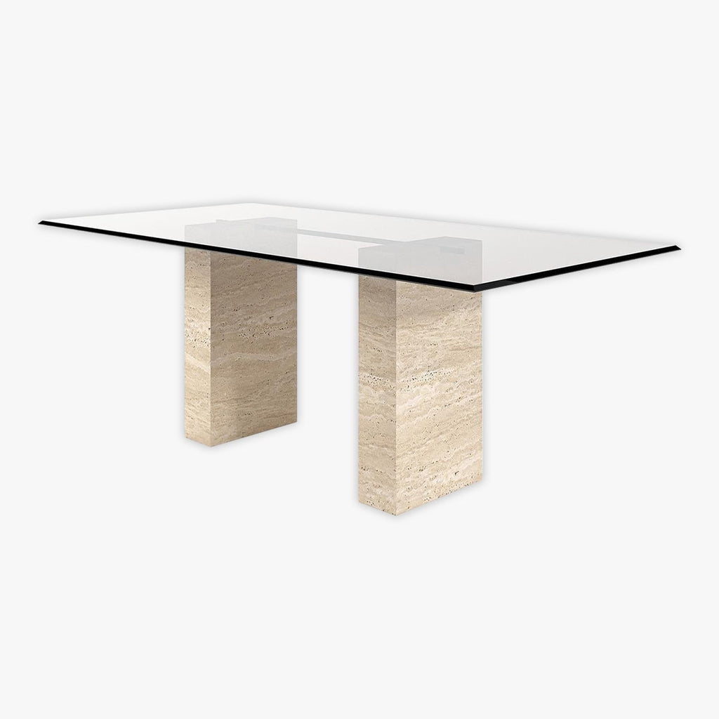 Glass Top, Travertine Leg Modern Dining Table