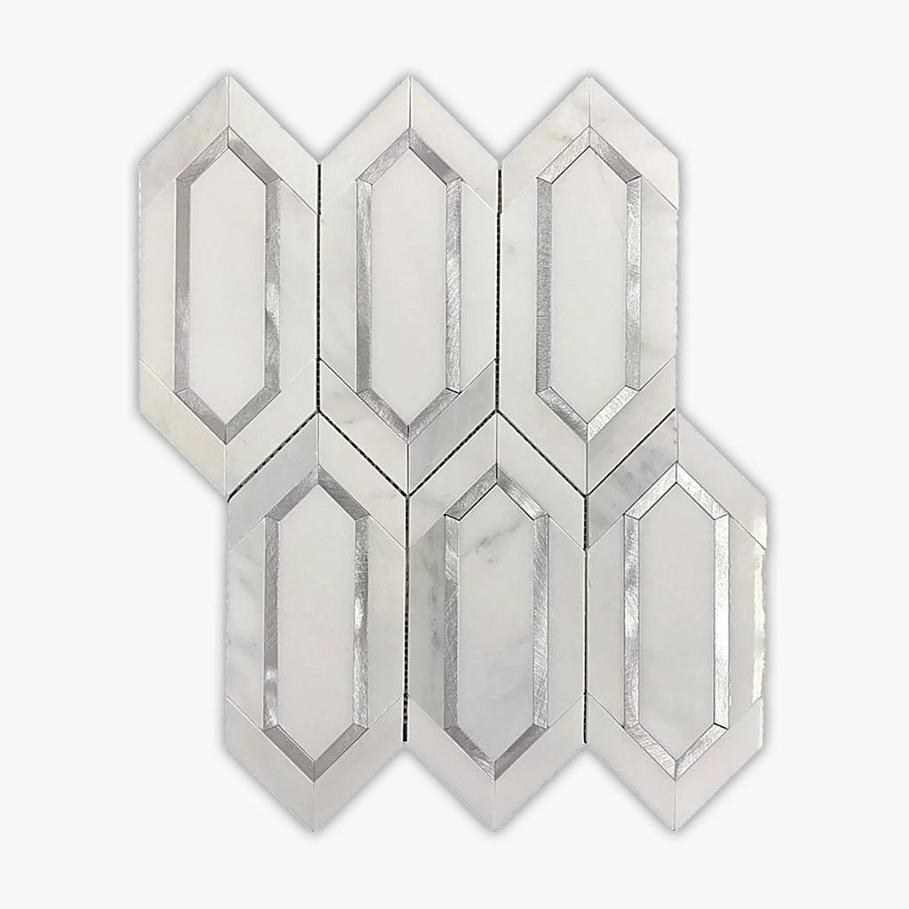 Asian Statuary & Silver Steel Polished Long Hexagon Marble Mosaic