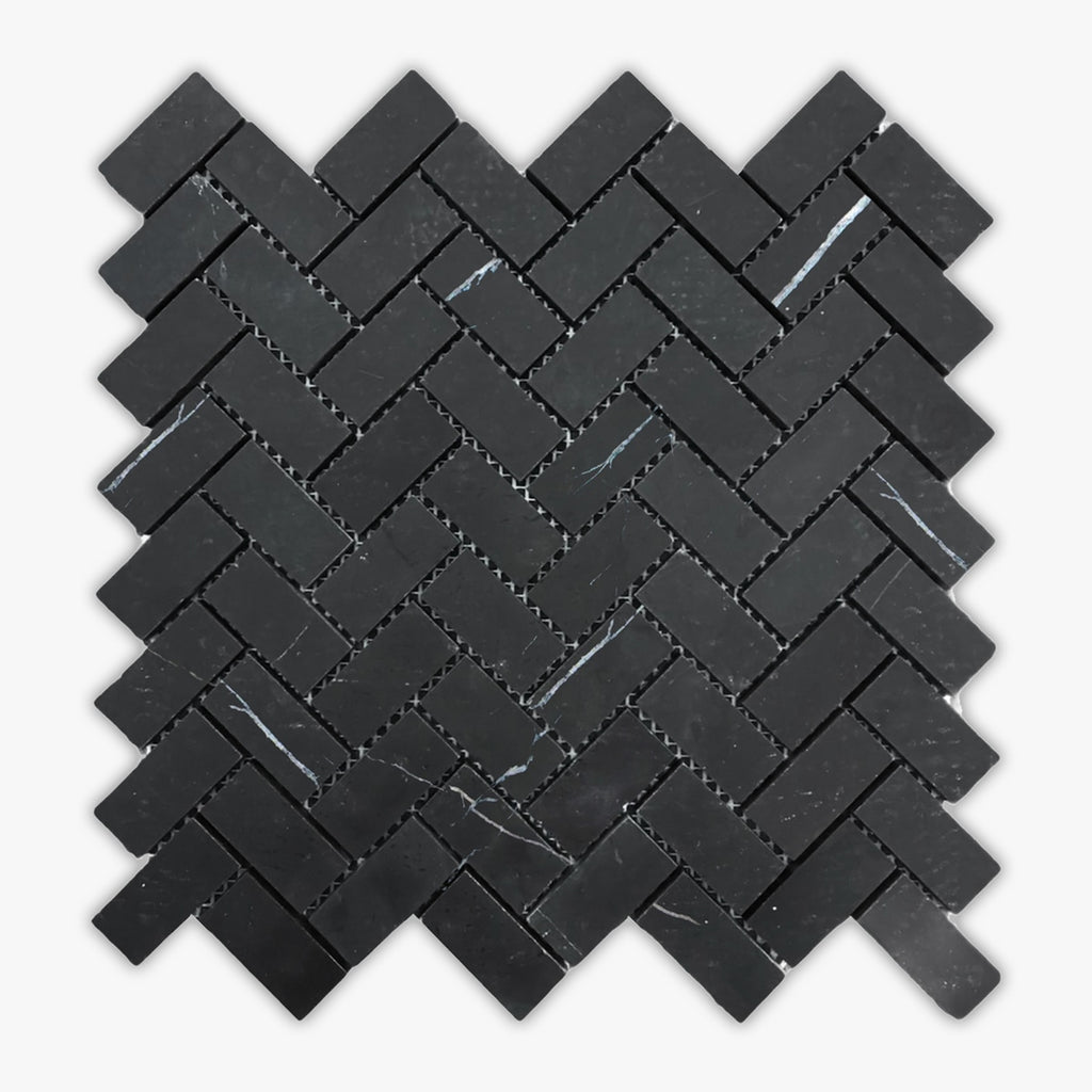 Neromarquina Honed 1x2 Herringbone Marble Mosaic