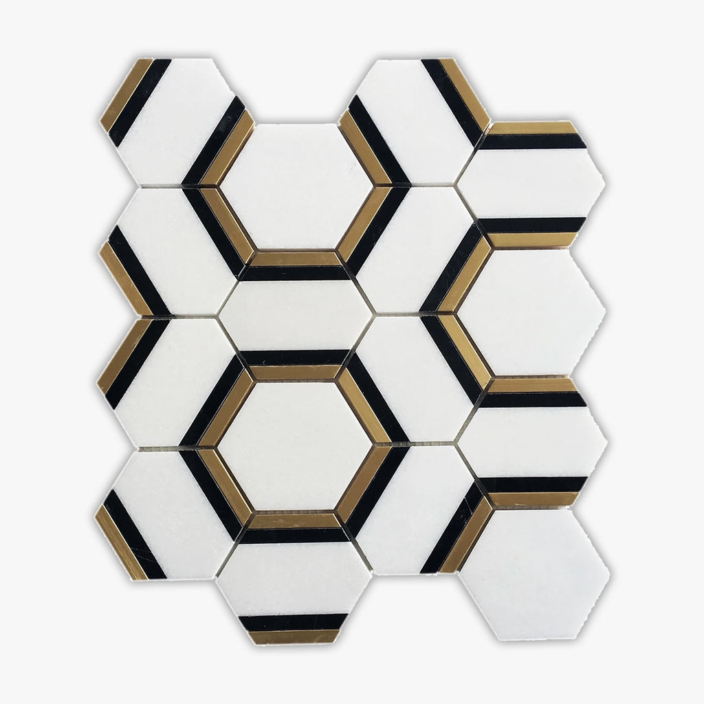 Neromarquina & Thassos & Brass Polished 3 Inch Hexagon Marble Mosaic