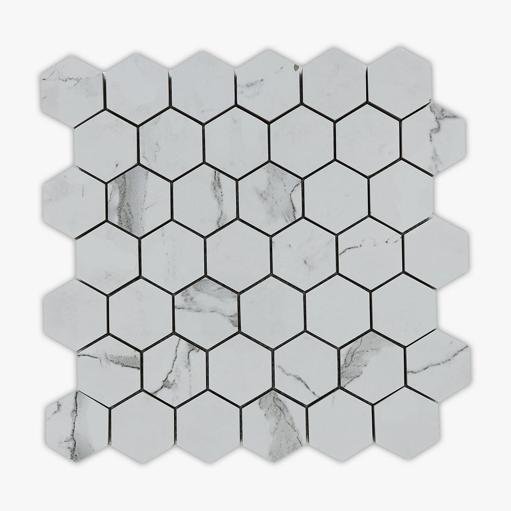 Calacatta Statuario Glossy 2 Inch Hexagon Porcelain Mosaic
