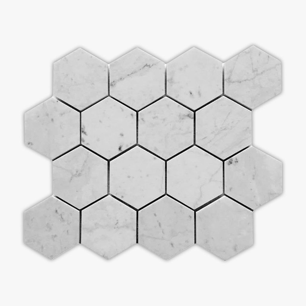 White Carrara Honed 3 Inch Hexagon Marble Mosaic