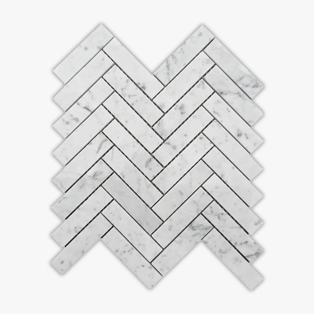 White Carrara Honed 1x4 Herringbone Marble Mosaic