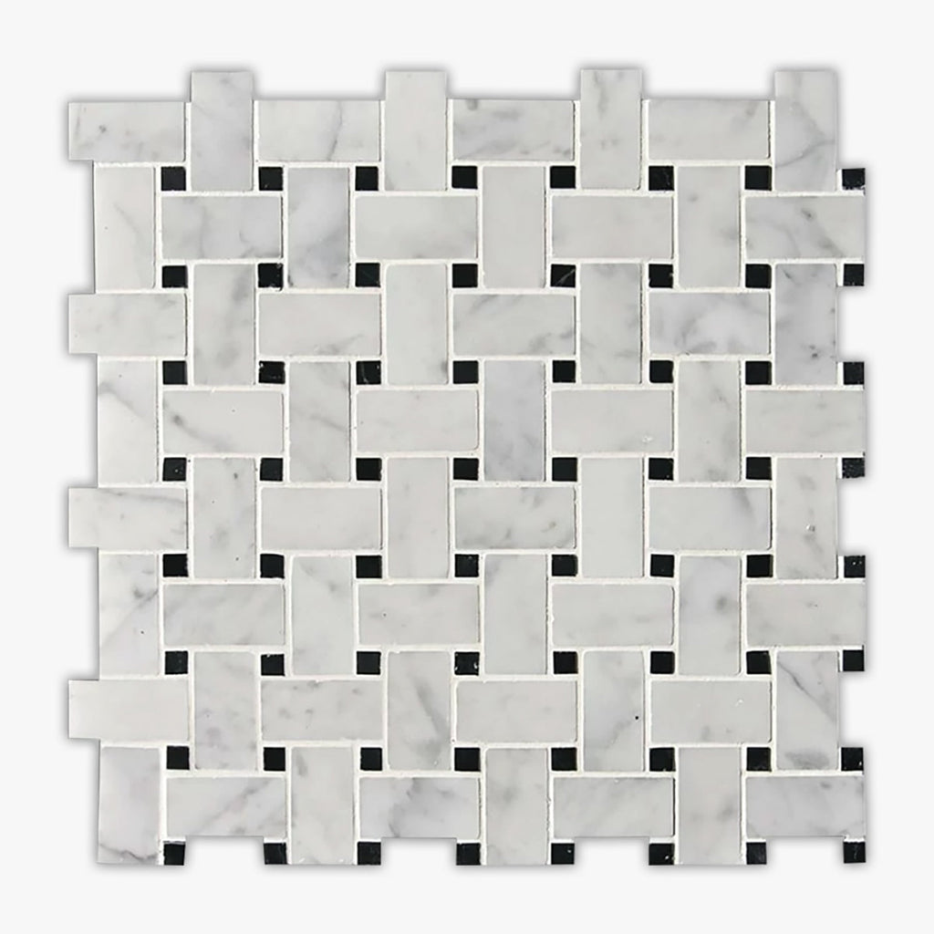 White Carrara Honed 1x2 Basket Weave Marble Mosaic